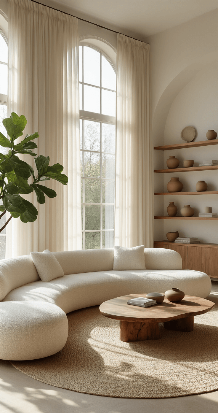 A sunlit living room featuring a cream bouclé sofa, live-edge walnut coffee table, and fiddle leaf fig, with floor-to-ceiling windows and sheer curtains, emphasizing natural light and a neutral palette.