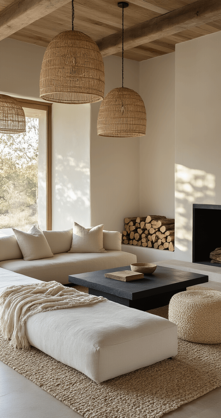 Intimate living space featuring a low-profile linen sectional, black limestone fireplace, and rattan pendant fixtures, all illuminated by golden hour light casting organic shadows on white walls.
