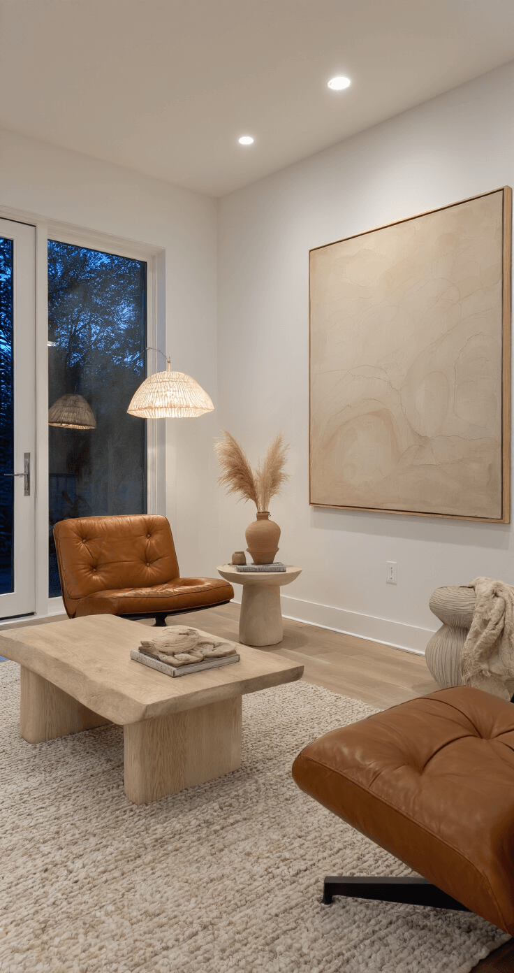 A corner view of a modern living room at dusk, featuring white walls illuminated by LED lighting, a cognac leather lounge chair, bleached oak accent table, and oversized abstract canvas. Handmade ceramic vessels with dried pampas grass add texture, highlighting clean lines and organic shapes in a warm color palette.