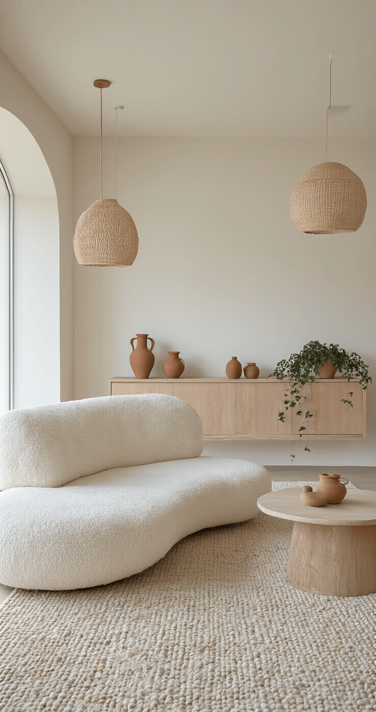 Open concept living space featuring a curved ivory bouclé sofa on a vintage-inspired wool rug, complemented by a white oak media console with clay decor and trailing plants, under woven pendant lights, all bathed in diffused afternoon light with a soft palette of whites, creams, and pale oak.