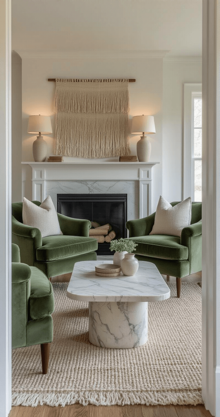 Cozy sitting room featuring sage green velvet armchairs, a raw edge marble coffee table, and a handwoven wall hanging above a floating wood mantle, illuminated by ceramic table lamps with linen shades during blue hour, showcasing rich textures in a color palette of moss, cream, blonde woods, and white.