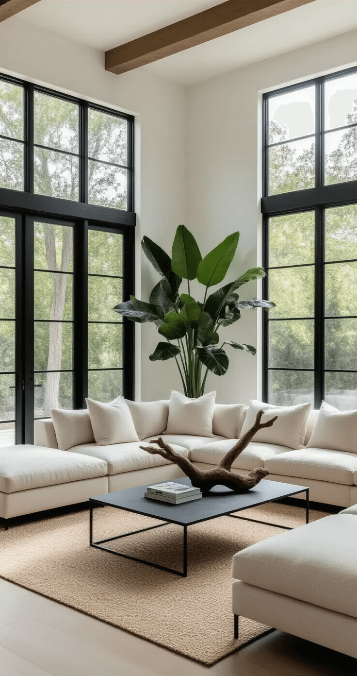 Modern living room featuring floor-to-ceiling windows with black frames, a low-profile modular sofa in natural linen, a minimalist black metal coffee table with sculpted branches, and a large monstera plant, all set in a clean, neutral palette of black, white, and warm tones.