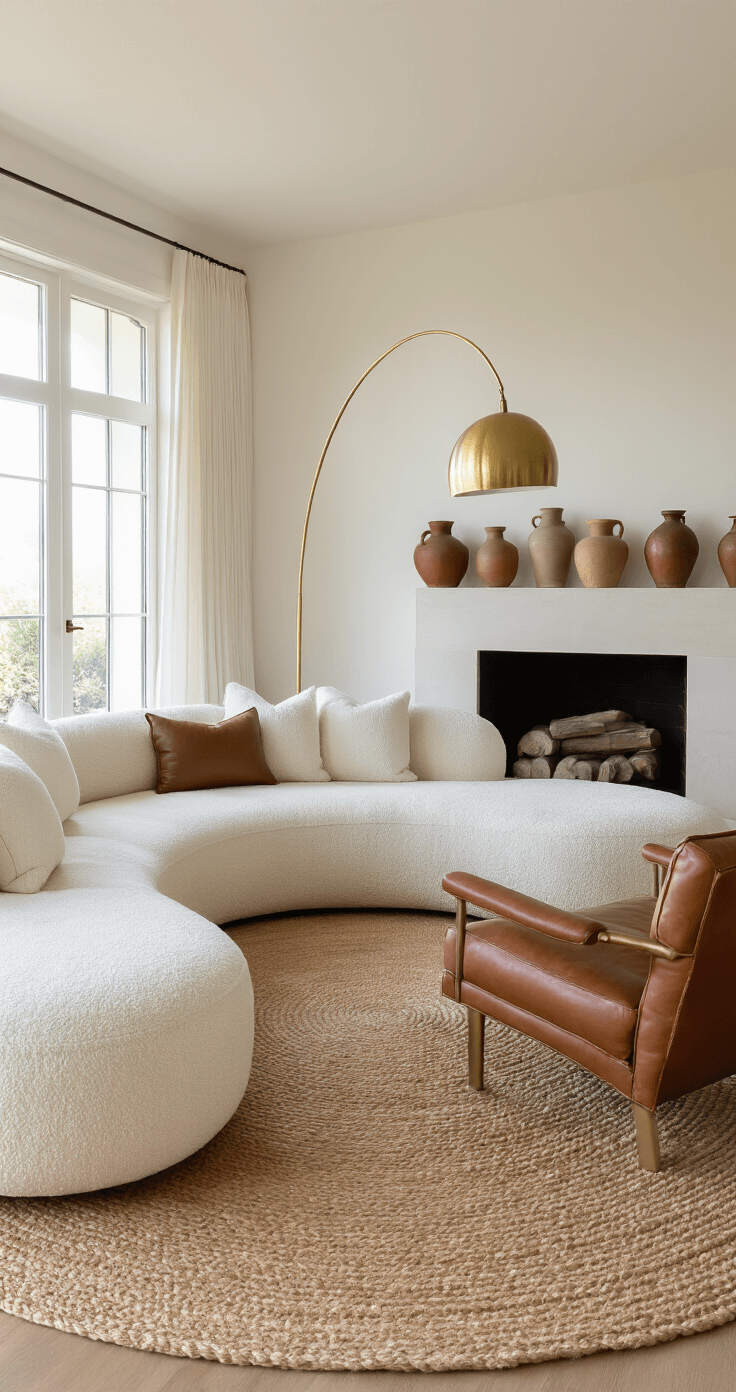 Sophisticated living space at sunset featuring an ivory curved bouclé sectional on a round jute rug, a brass floor lamp arching over a leather accent chair, and a mantle vignette of varied ceramic vessels, highlighting a blend of curved and linear elements in warm whites, cream, and cognac leather accents.