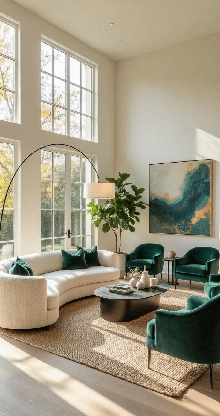 A modern living room with a curved ivory bouclé sofa, emerald velvet armchairs, and a jute rug, illuminated by golden hour sunlight through floor-to-ceiling windows, featuring whitewashed oak floors and black metal accent tables, adorned with minimalist decor and large abstract artwork.