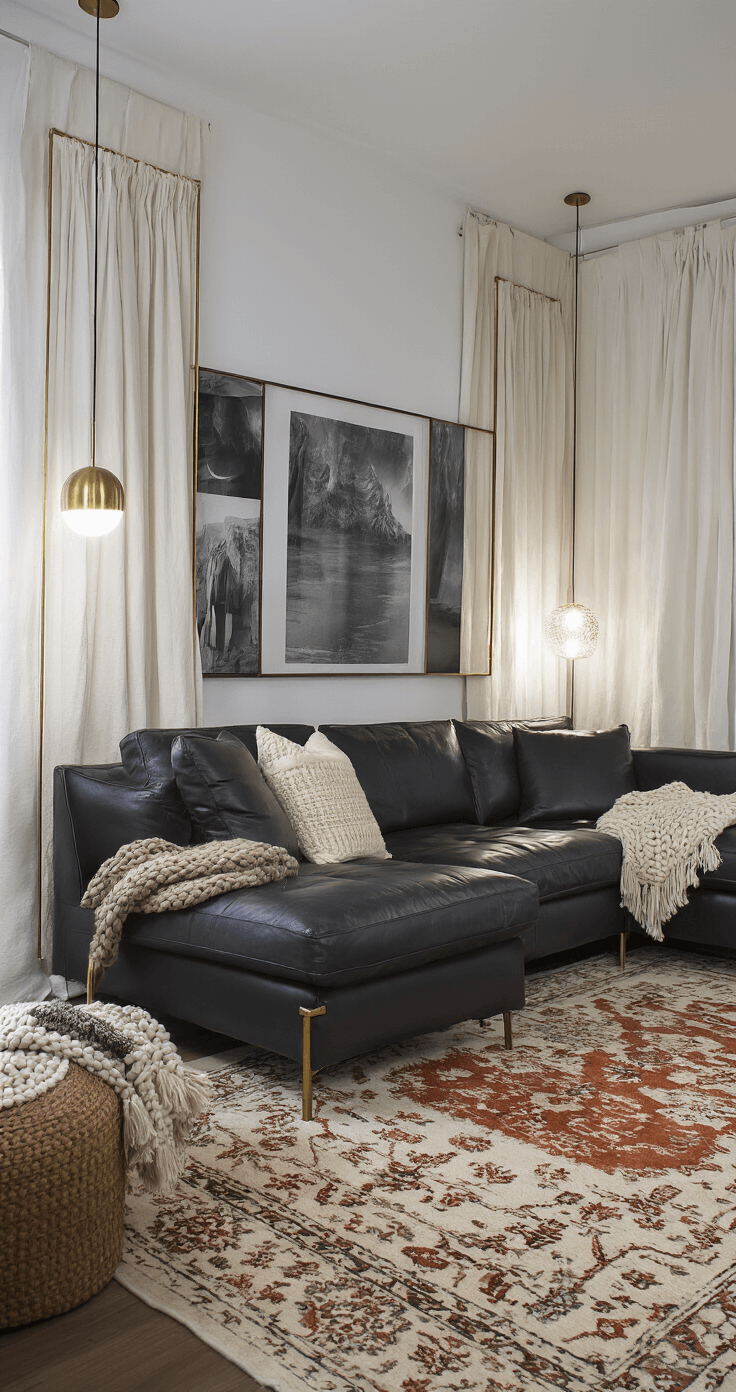 A cozy living space featuring a charcoal leather sectional, vintage Moroccan rug, and warm ambient light from sculptural table lamps, with sheer linen drapes and textured decor elements, all captured during blue hour.