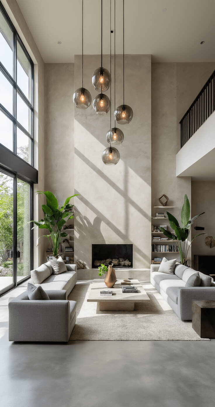 A spacious double-height living room with a 20ft venetian plaster accent wall, featuring dove gray modular seating around a quartzite coffee table, industrial-style windows casting shadows on polished concrete floors, and varying heights of smokey glass pendant lights, complemented by oversized palms, geometric metal sculptures, and floating book shelves.