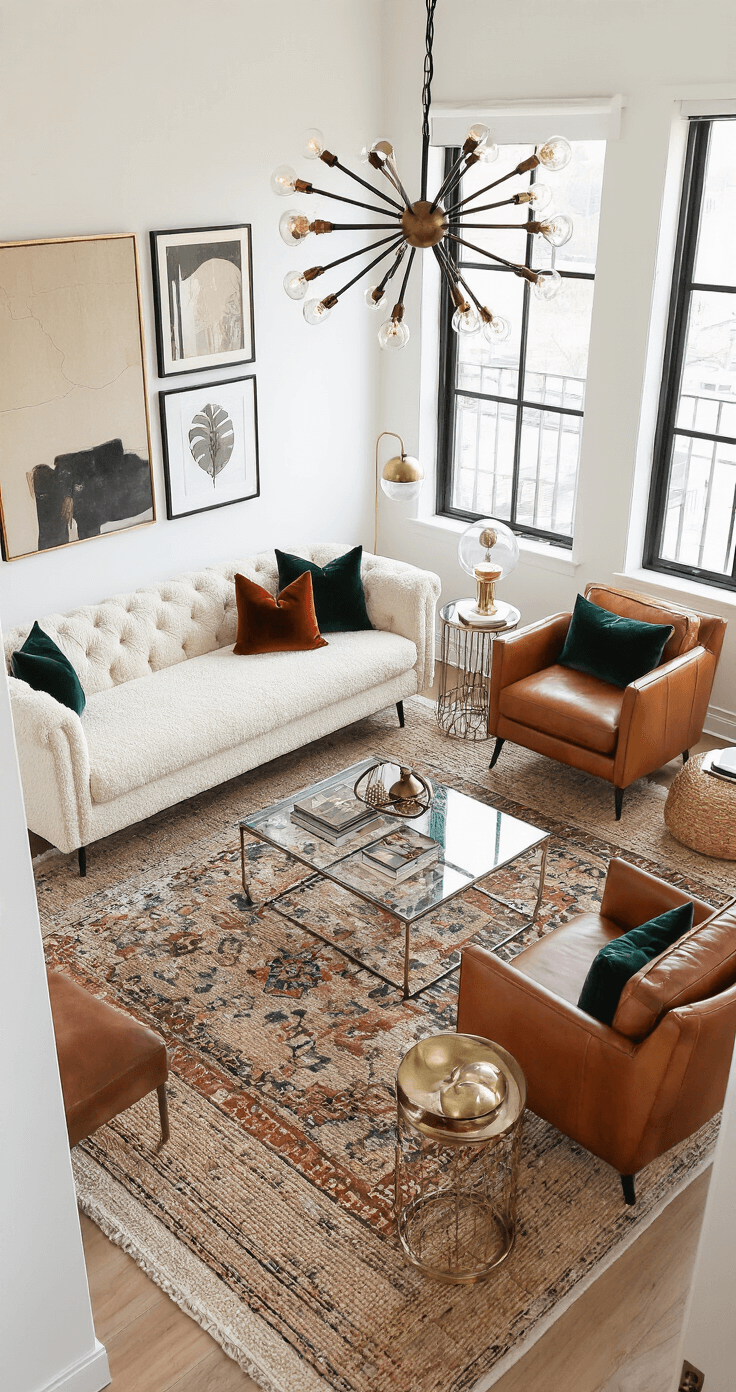 A cozy urban living room featuring a cream bouclé loveseat, cognac leather accent chairs, and layered rugs, captured during golden hour from an elevated perspective, with blackened steel-framed windows, warm white walls, a sputnik chandelier, and a gallery wall of mixed media artwork.