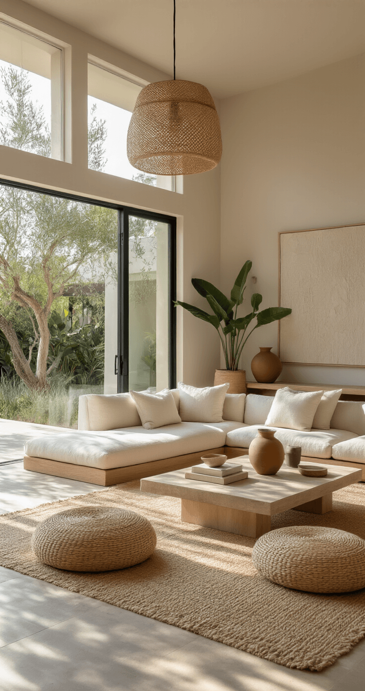 A spacious open-concept living area featuring wall-to-wall sliding glass doors, showcasing low-profile furniture in natural linens and textured bouclé, with bleached oak built-ins and honed marble surfaces. The warm minimalist aesthetic is enhanced by woven pendant lights, oversized ceramic vessels, architectural plants, and a monochromatic art collection, all illuminated by soft morning light.