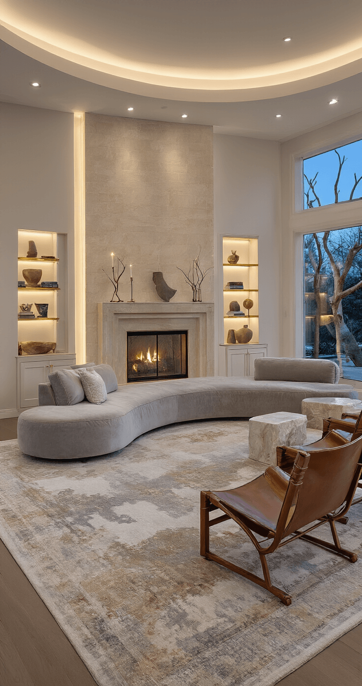 A sophisticated dusk living room featuring a pearl gray velvet curved sectional on an oversized abstract rug, framed by brass-trimmed built-ins and a limestone fireplace, with leather sling chairs, marble side tables, and dramatic lighting elements.