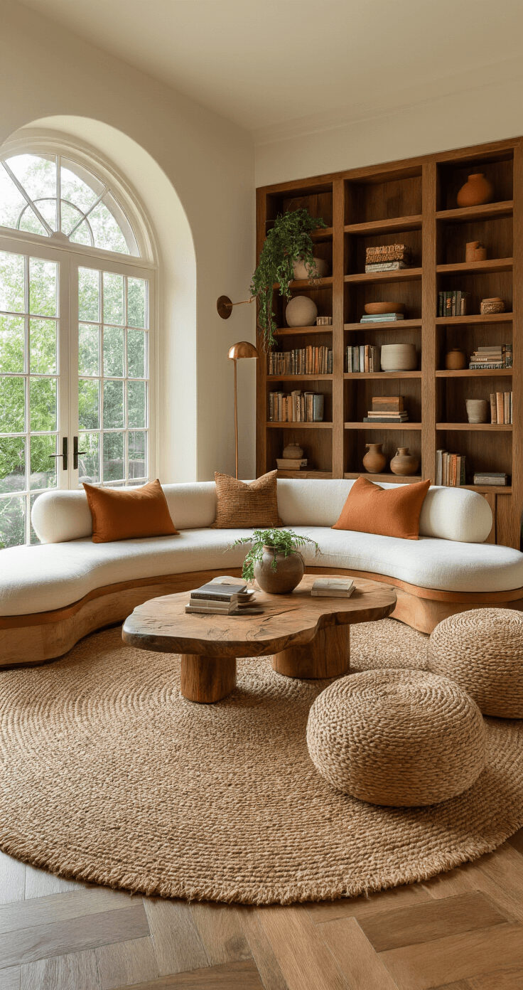 A sunlit living space featuring curved linen and leather seating around a live-edge coffee table on a jute rug over oak floors, with walnut bookshelves, vintage pottery, brass lamps, and greenery, accented by rust, olive, and cream pillows.