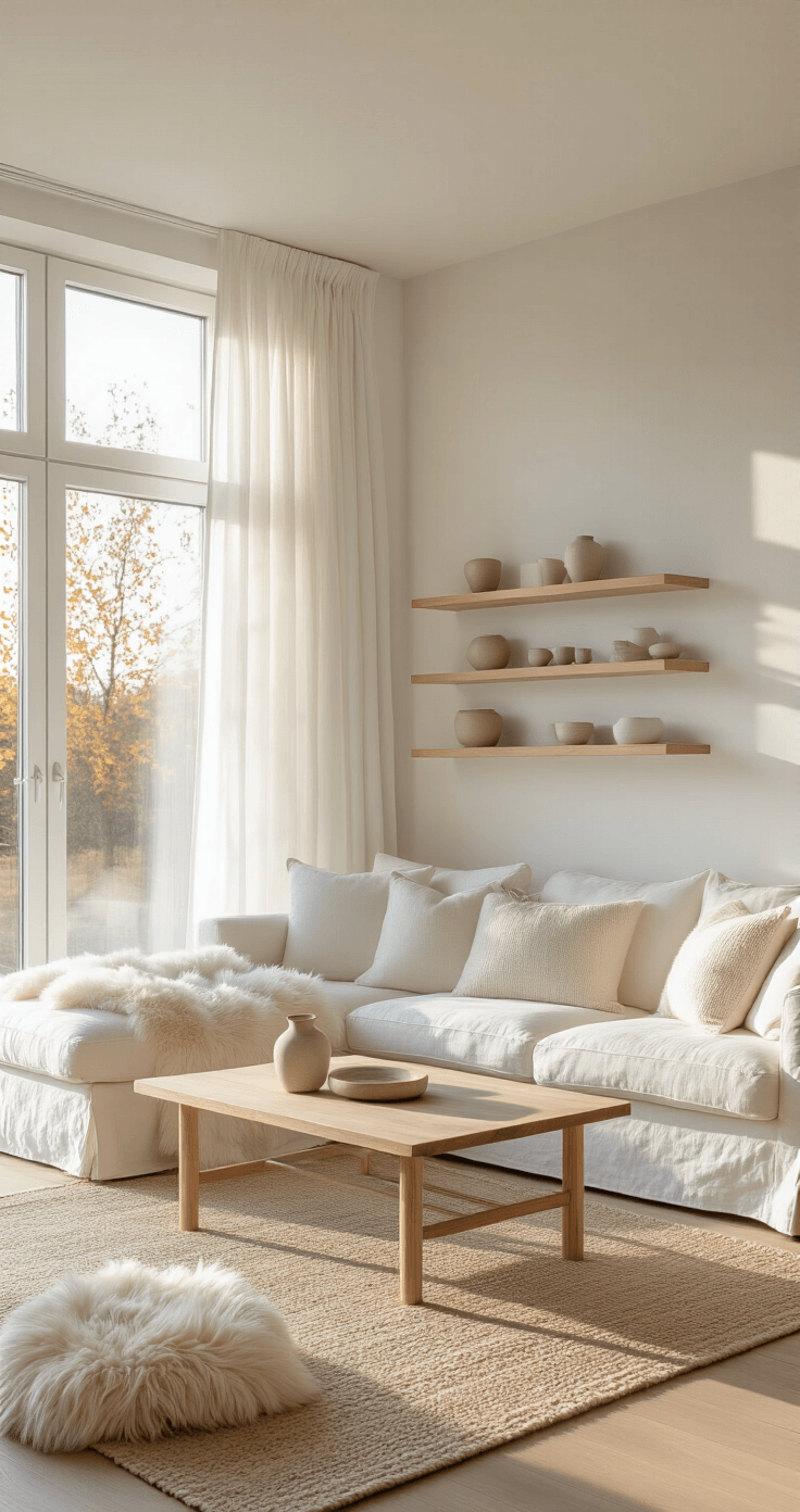 Bright Scandinavian living room with floor-to-ceiling windows, minimalist white linen sofa, pale oak coffee table, and soft textures, captured during golden hour.