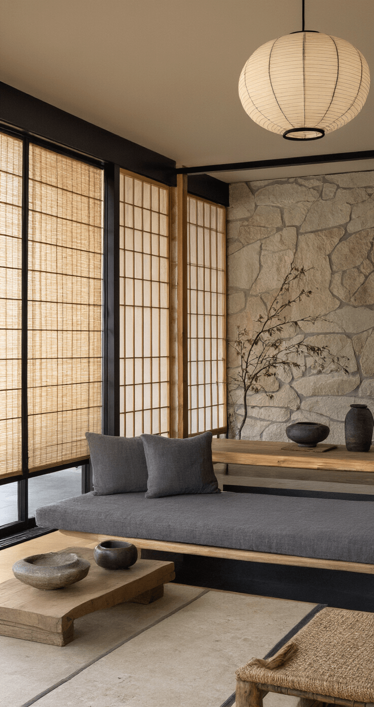 Intimate Japandi living space at dusk, featuring a low-profile charcoal linen sofa, handcrafted ceramics, and a minimalist ikebana arrangement on a rustic wood block table, with black steel-framed windows and warm bamboo screens contrasting against a natural stone feature wall, all illuminated by a soft rice paper pendant light.