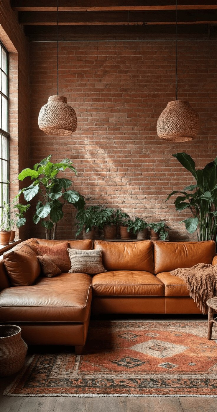 A cozy earthy bohemian living room featuring an exposed brick wall painted warm terracotta, an oversized cognac leather sectional, and layered vintage Moroccan rugs, illuminated by late afternoon light. Potted monstera and fiddle leaf fig plants enhance the ambiance, while woven pendant lights create intricate shadows. Rich textiles in ochre and forest green add depth to the inviting space.