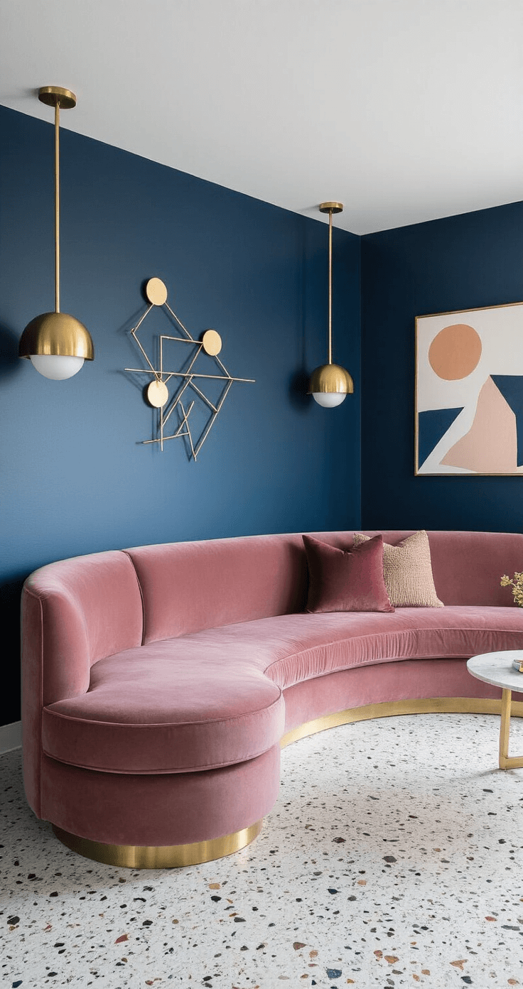 A modern living space featuring a deep navy accent wall, brass lighting fixtures, a dusty rose curved velvet sofa, and a geometric art installation, all set on terrazzo flooring. The image showcases dramatic blue hour lighting that highlights jewel tones and metallic accents, with an emphasis on color blocking and spatial flow.