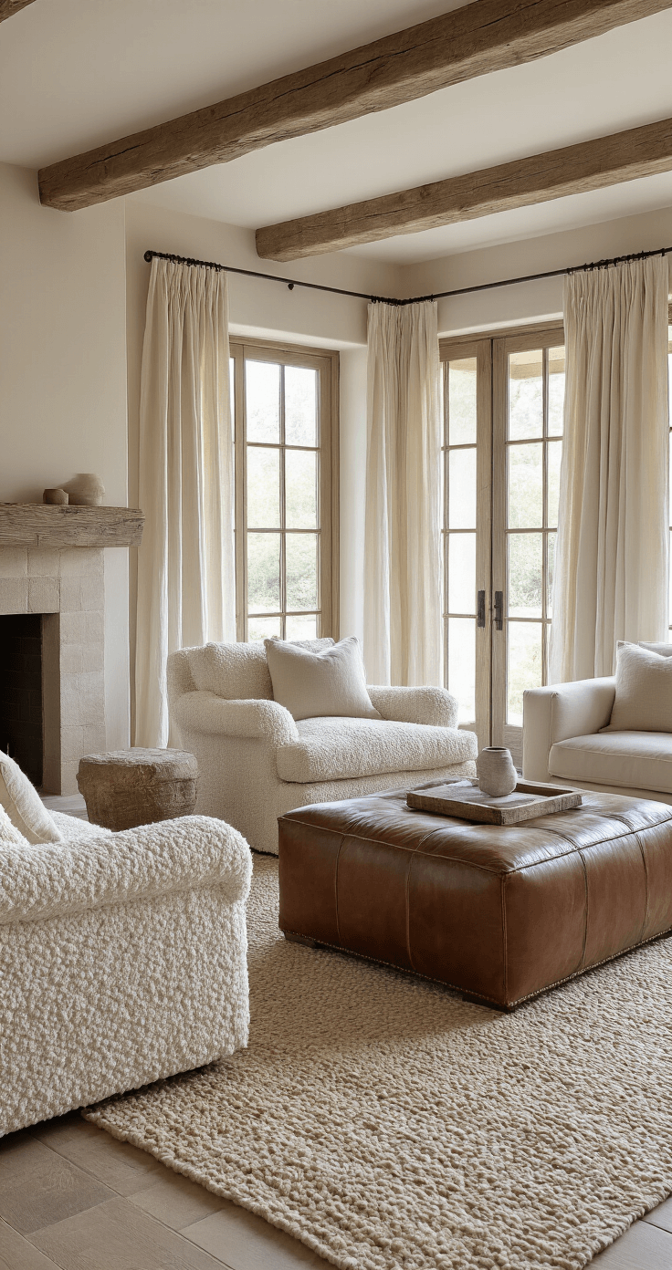 A close-up of a textured living room featuring a nubby bouclé armchair, raw silk curtains, a handwoven wool rug beneath a vintage leather ottoman, weathered wood beams in the ceiling, and a stone fireplace with handmade tiles, all illuminated by soft morning light.