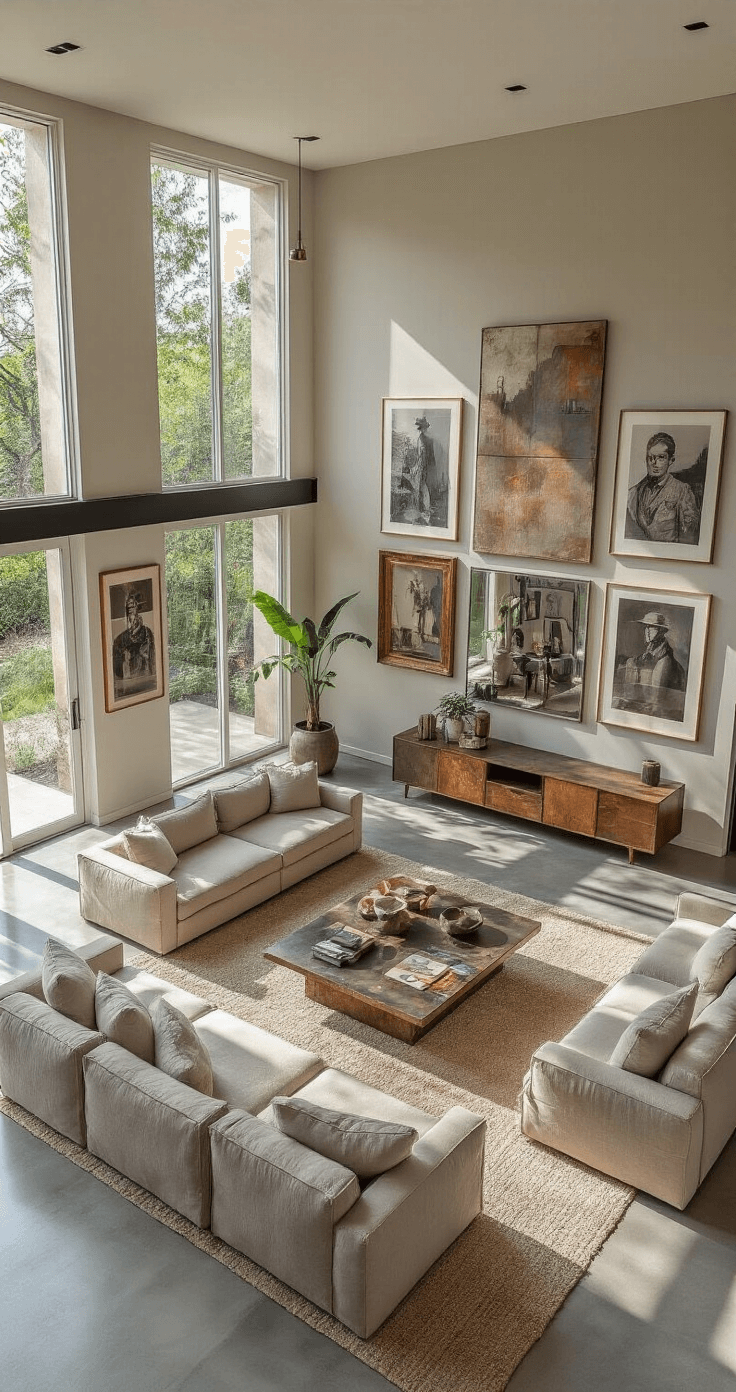 A contemporary gallery-style living room featuring a curated wall of vintage photographs, modern art, and oxidized mirrors, with modular greige linen seating arranged for conversation on polished concrete floors, all illuminated by architectural lighting showcasing the art at midday.
