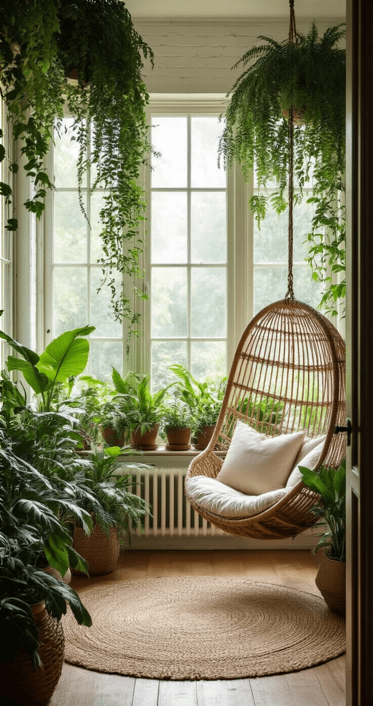 A serene sunroom filled with trailing plants and potted palms, featuring a rattan hanging chair, natural jute rug, and whitewashed brick walls, all enveloped in soft morning mist and diffused light.