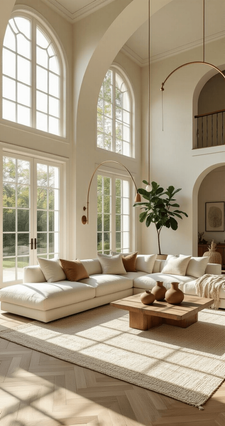A spacious sunlit living room featuring an L-shaped sectional sofa, vintage rugs, and floor-to-ceiling windows, with a fiddle leaf fig plant in the corner and a walnut coffee table adorned with ceramic vessels, all set against white oak herringbone floors.