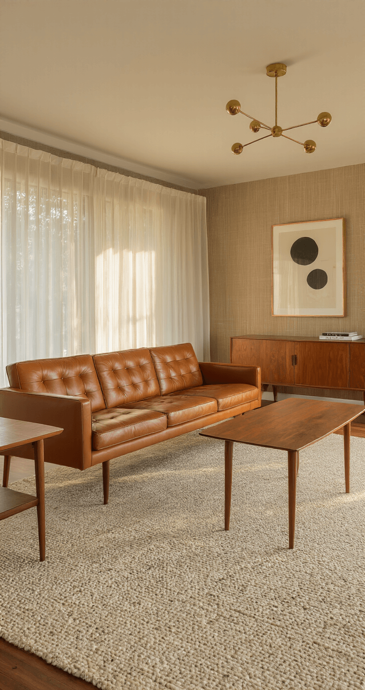 Intimate mid-century modern living room featuring a cognac leather Florence Knoll sofa, textured grasscloth wallpaper, walnut-stained side tables, a Danish teak credenza, and geometric cream/charcoal rug, all illuminated by warm golden hour light and accentuated by a brass mobile and abstract art.