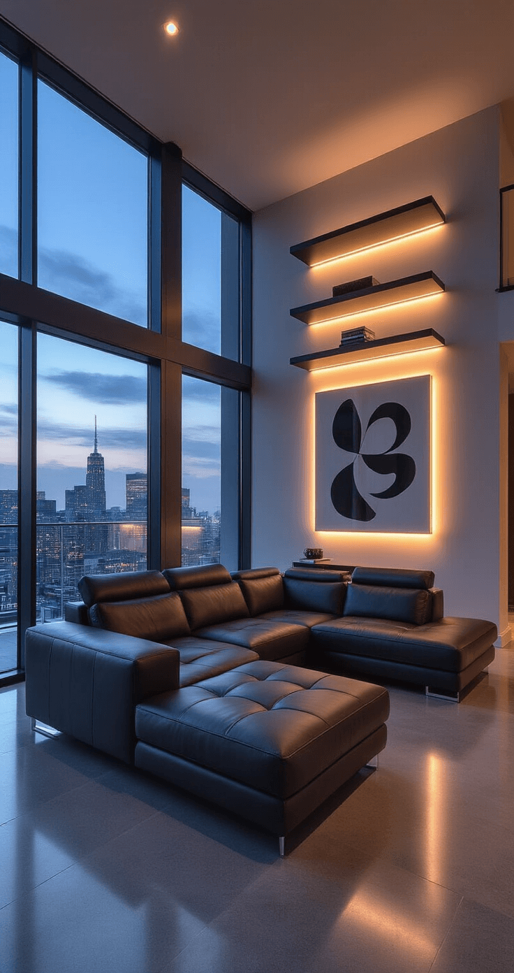 A contemporary minimalist penthouse living room features a charcoal Italian leather sectional, polished concrete floors reflecting city lights, backlit floating shelves, and chrome glass accent furniture, all captured from a high angle with dramatic LED strip lighting and a monochromatic art installation on the feature wall.
