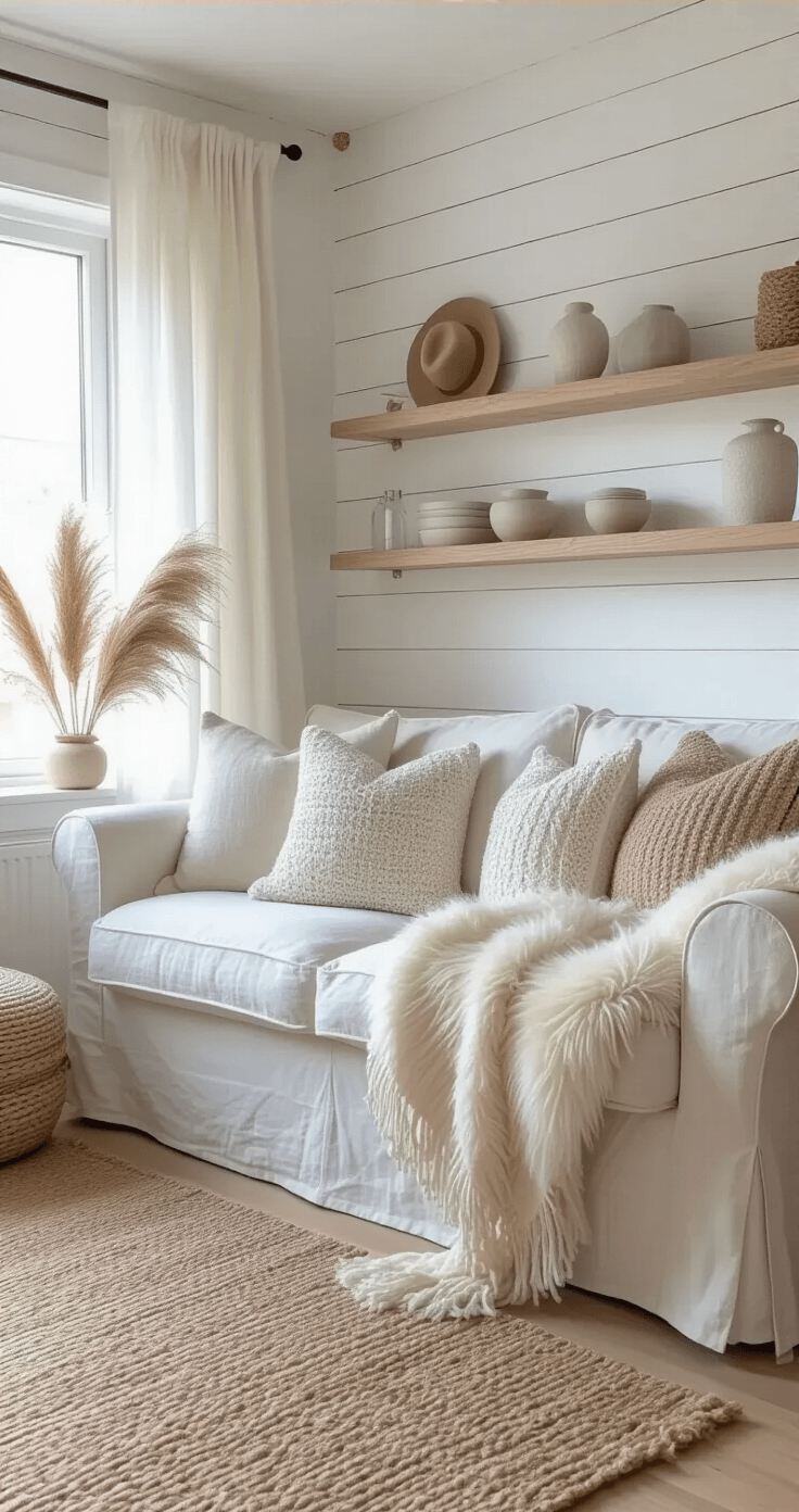 Cozy Scandinavian living room featuring a white linen slip-covered sofa, sheepskin throws, and chunky knit pillows, illuminated by morning light through gauzy curtains, with pale oak floating shelves displaying ceramics and dried pampas grass, a jute rug atop bleached hardwood, and minimal brass accents, all captured in soft focus for a dreamy atmosphere.