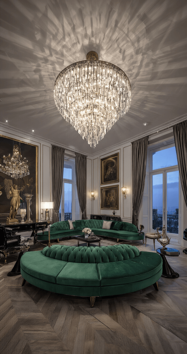 A luxurious art deco-inspired living room at twilight featuring a curved emerald velvet sofa, black lacquered furniture with brass accents, and a dramatic crystal chandelier casting shadows, all set on a marble herringbone floor with silk drapery pooling elegantly.