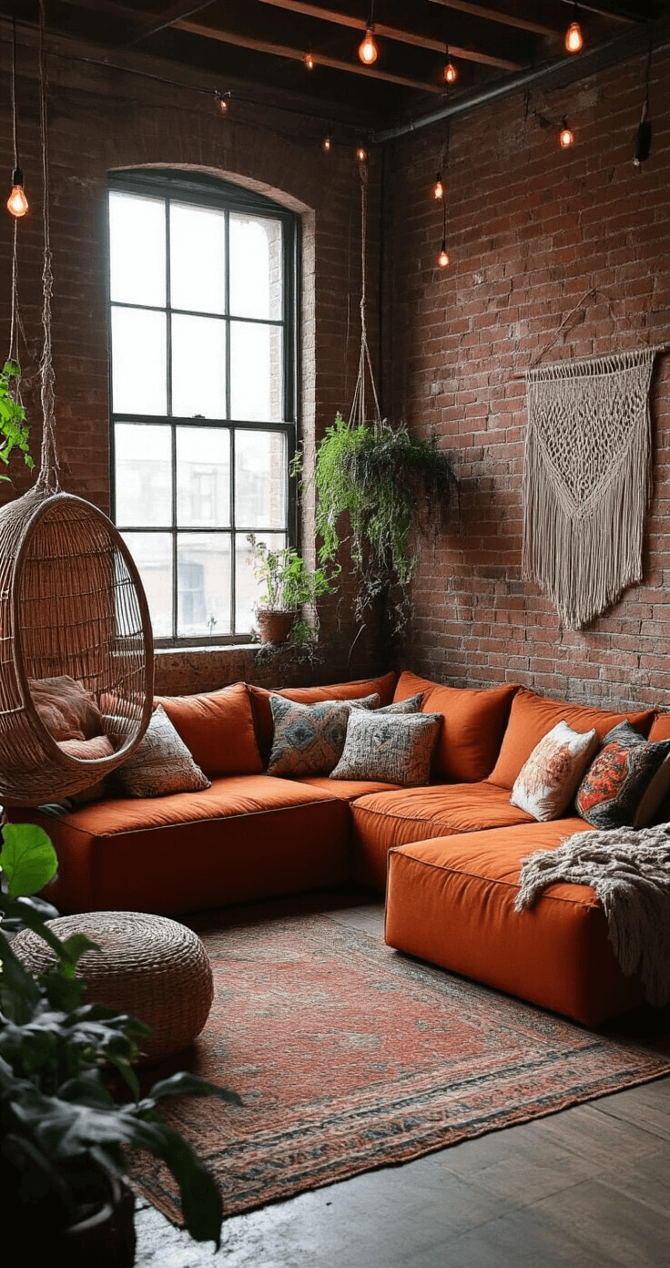 A bohemian loft living space featuring a rust-colored modular sofa adorned with vintage pillows, exposed brick walls, industrial windows, hanging rattan chairs, and macramé wall art, all illuminated by natural light and string lights, with trailing plants enhancing the cozy, textured atmosphere.