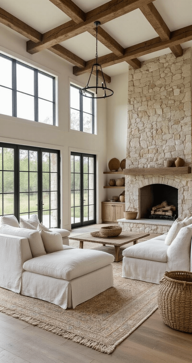 A spacious modern farmhouse great room with a slipcovered sectional in warm white linen, reclaimed wood beams crossing a 14ft ceiling, and a stone fireplace with built-ins, all bathed in soft morning light through french doors. Vintage rugs layer over wide plank floors, complemented by woven baskets and pottery, with black steel accents highlighting the scale and architectural details.