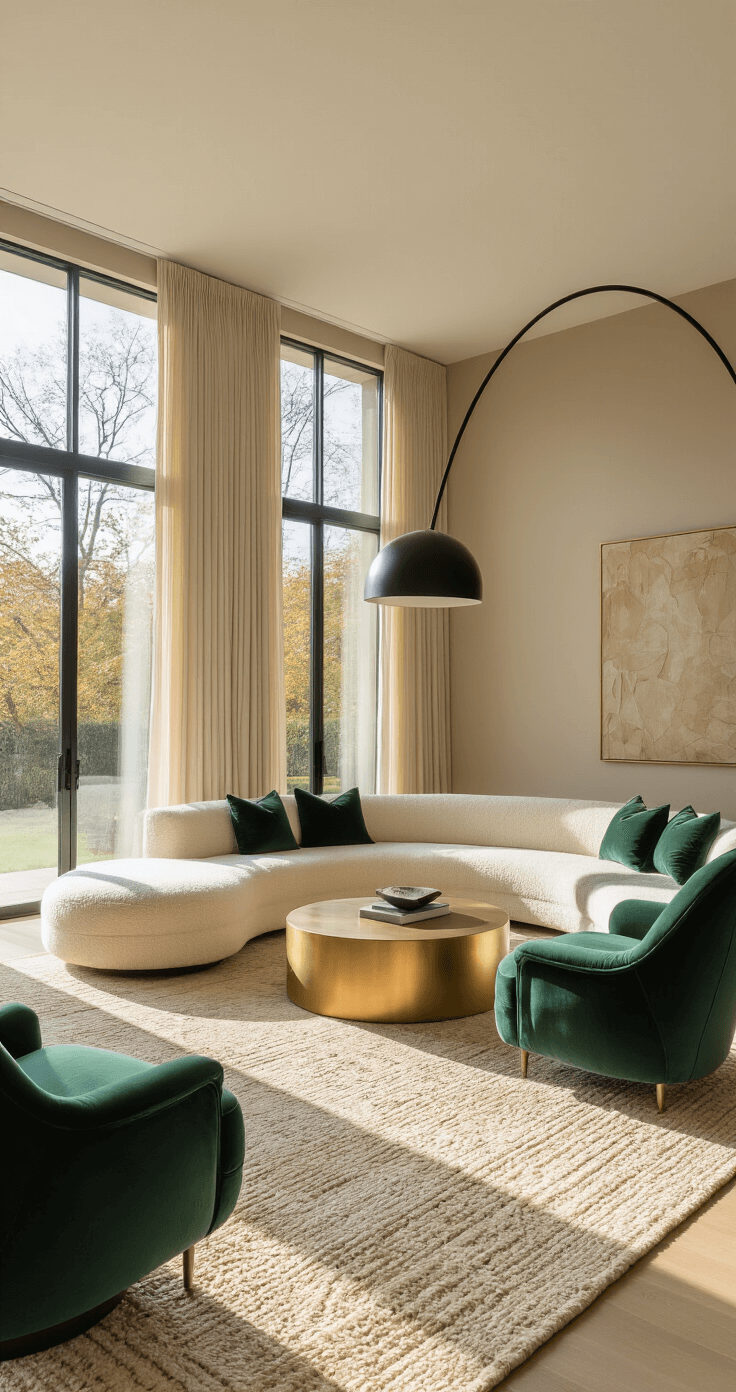 A modern living room featuring a cream bouclé sectional, brass coffee table, and emerald velvet accent chairs, illuminated by morning light through floor-to-ceiling windows, with layered rugs and a sculptural black floor lamp, captured from a low corner angle.