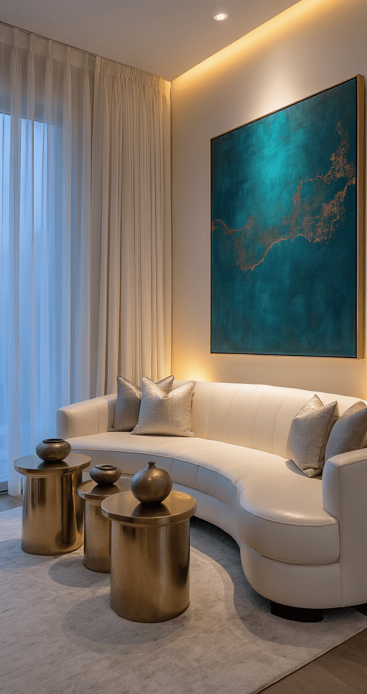 A cozy 15x18ft living space at dusk featuring a pearl white curved sofa, an oversized abstract canvas in deep teal and gold, and staggered metallic side tables with artisanal ceramics, illuminated by ambient lighting and filtered blue hour light through sheer linen curtains.