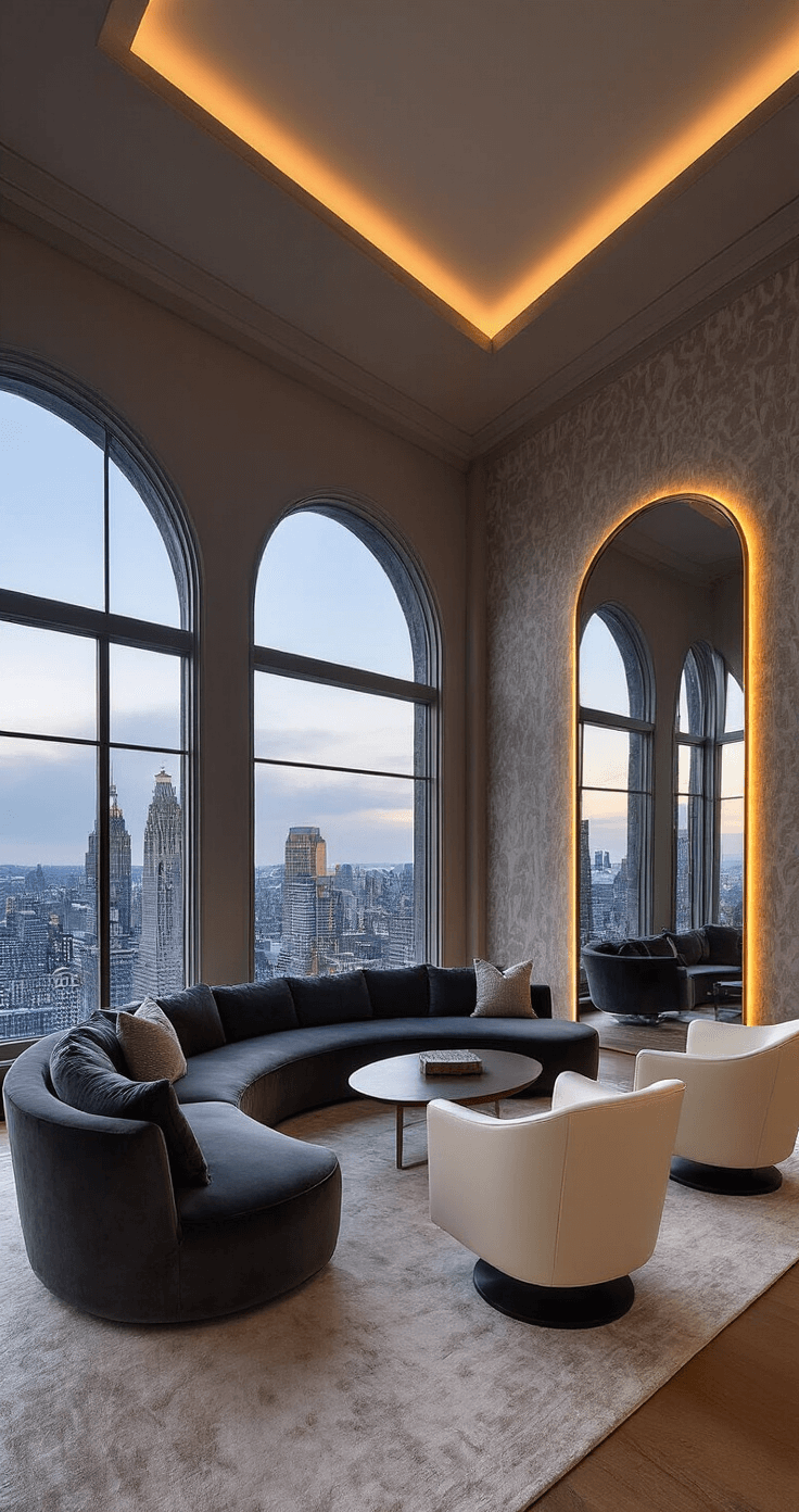 A dramatic twilight scene in a spacious open-concept living area features monumental arched windows showcasing city views, a contemporary charcoal velvet curved sofa, cream leather swivel chairs, an oversized mirror with an aged brass frame reflecting warm LED lights, and textured wallpaper that adds depth and warmth.