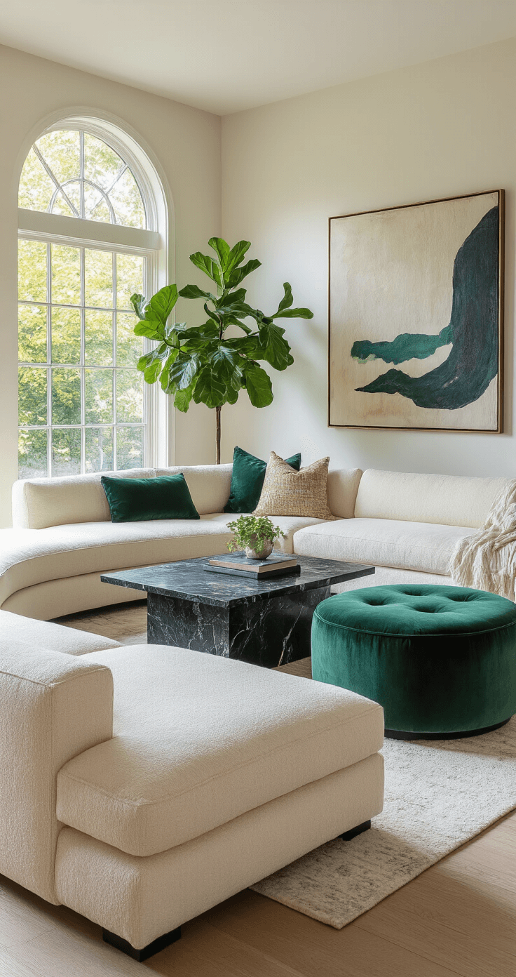 Sunlit living room featuring a curved cream sectional, black marble coffee table, and emerald velvet ottoman, with a gallery wall of jewel-toned mixed media artwork. A fiddle leaf fig is positioned near the window, captured with shallow depth of field to highlight textures.