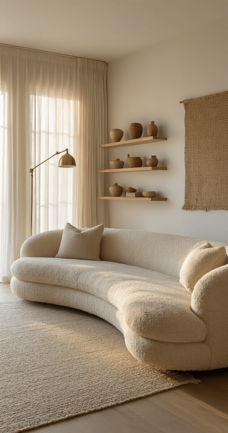 A modern living space with a curved beige bouclé sofa, vintage brass floor lamps, and floating shelves showcasing ceramics, illuminated by warm golden hour light filtering through sheer drapery, featuring handwoven textile art on the walls, captured at a 45-degree angle.