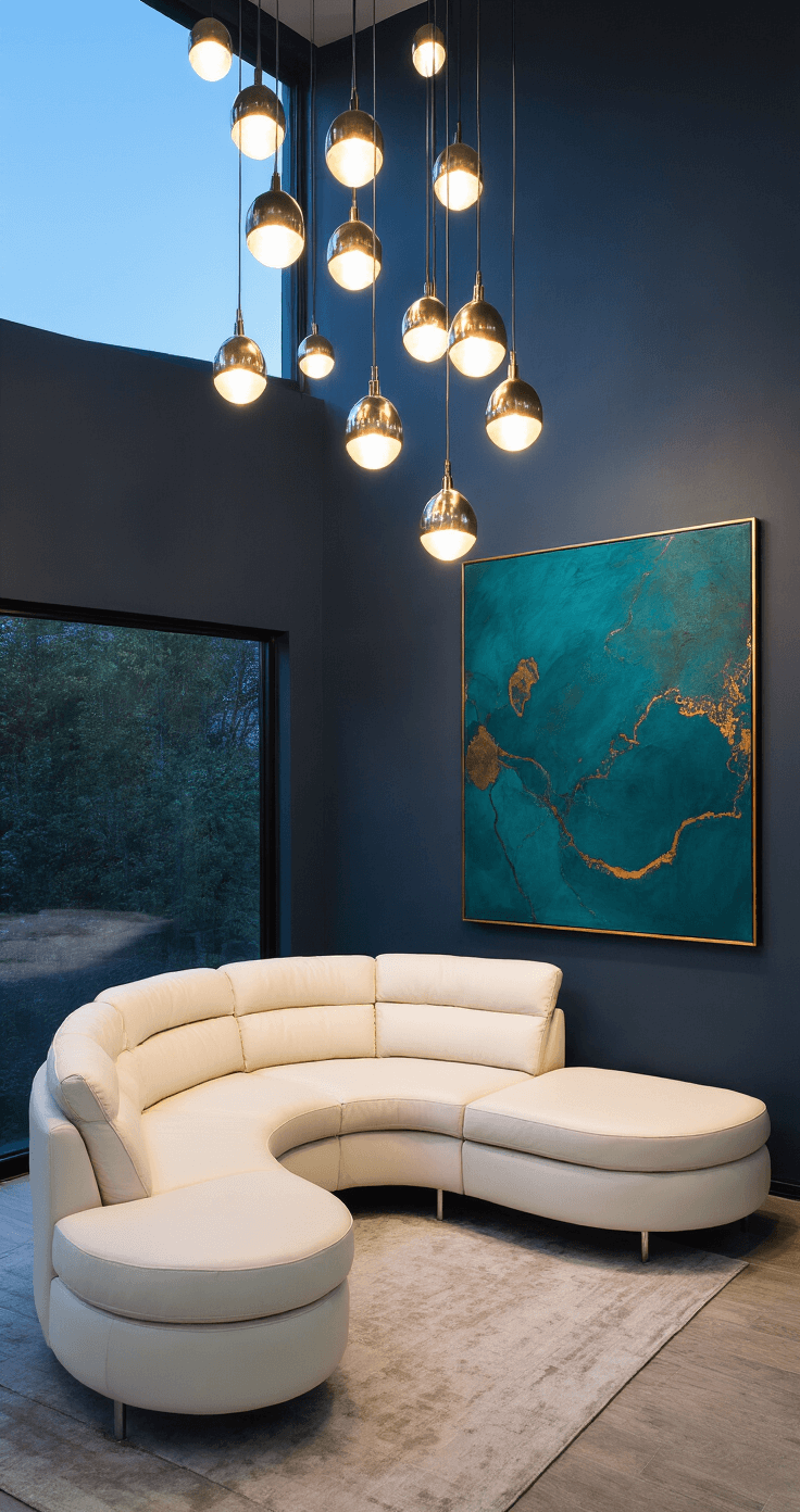 Minimalist living room with an ivory leather curved sectional against a dark accent wall, oversized abstract canvas in deep teal and gold, clustered pendant lights, captured at blue hour.