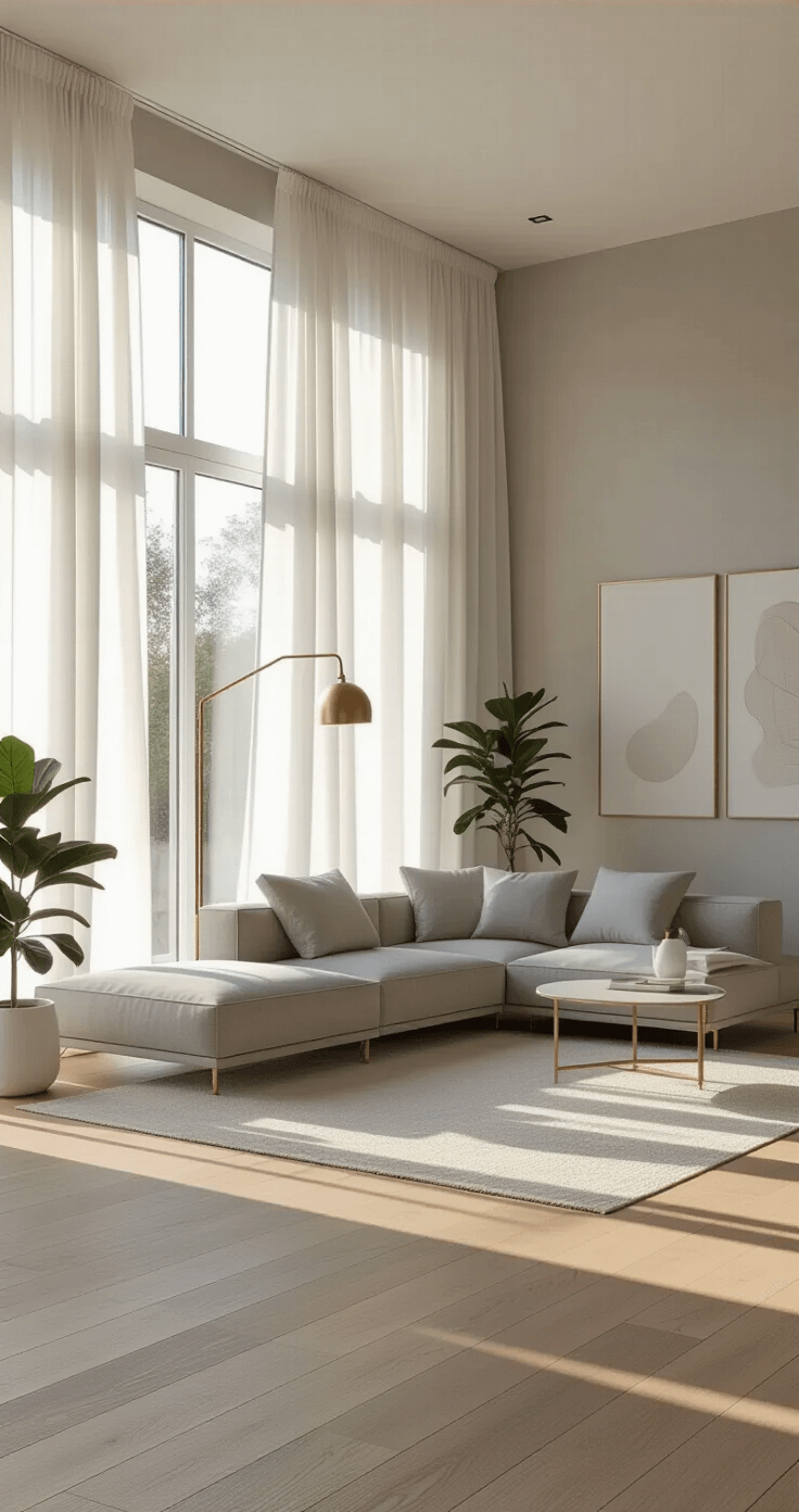 Sunlit contemporary living room with floor-to-ceiling windows, gray sectional, and minimalist decor, featuring soft shadows and an airy atmosphere at golden hour.