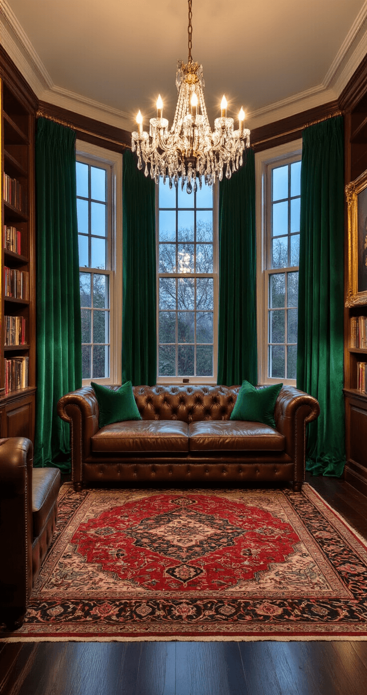Cozy traditional living space at dusk with emerald velvet curtains, a tufted leather Chesterfield sofa, and a vintage Persian rug, illuminated by a crystal chandelier and featuring built-in bookshelves with oil paintings.