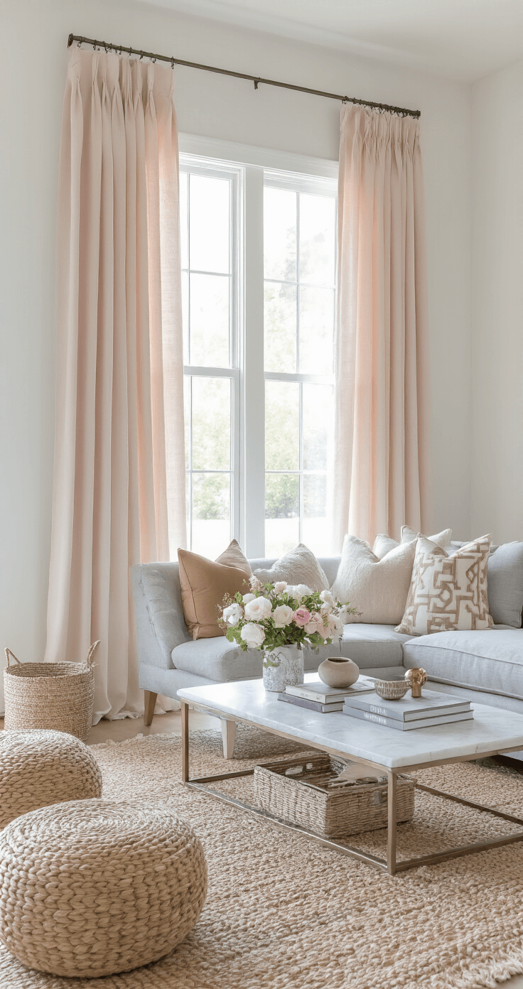 Bright transitional living room with blush pink geometric curtains, white walls, and light gray furniture, featuring a marble coffee table adorned with design books and fresh flowers, layered jute and cowhide rugs, woven baskets, and ceramic pottery, capturing a lifestyle interior filled with natural light.