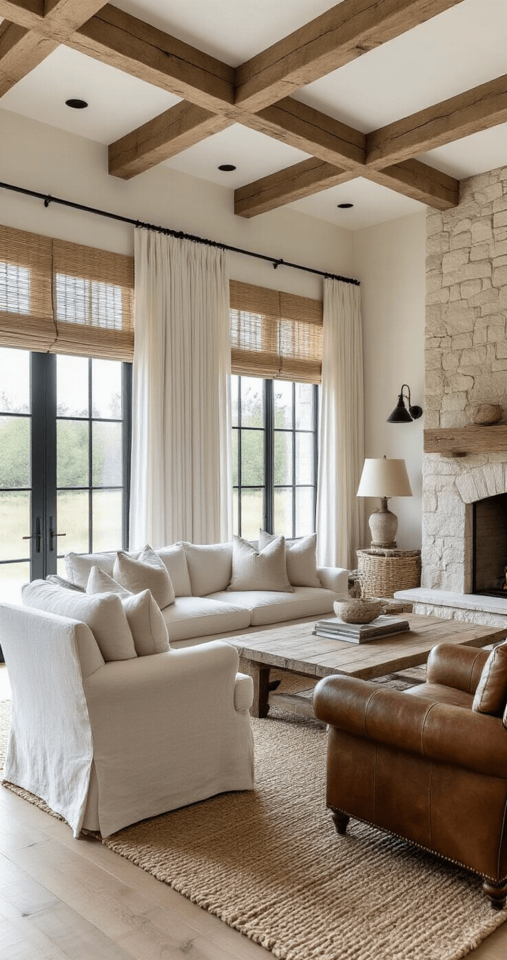 A modern farmhouse living space featuring slipcovered sofas and vintage leather armchairs surrounding a reclaimed wood coffee table, with a stone fireplace and shiplap accent wall. Bamboo shades and white linen curtains are layered at the windows, while exposed wooden beams enhance the high ceiling. Black iron fixtures add contrast to the rustic decor, illuminated by soft directional lighting in the late afternoon.