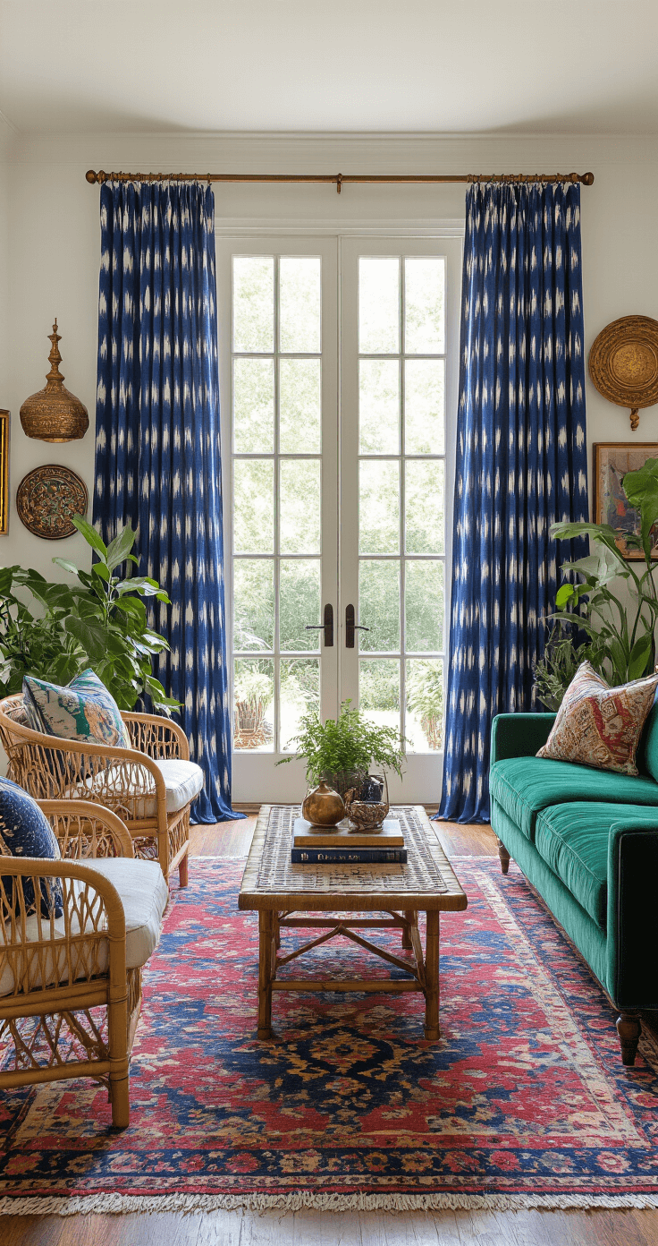 An eclectic living room featuring bold indigo ikat curtains, emerald velvet sofa, and a colorful Moroccan rug, with rattan accent chairs, a gallery wall of global artifacts, and abundant plants, capturing a vibrant and collected atmosphere in bright midday light.