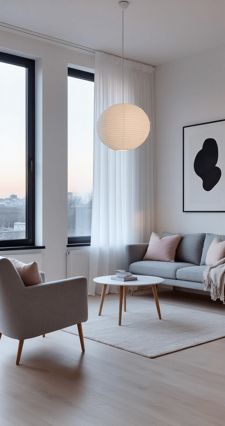 A serene Scandinavian-inspired living space measured at 20x22ft, featuring sheer white curtains, pale wood floors, and black window frames. The room is styled with clean-lined gray wool furniture, pale pink accents, minimal décor, and a sculptural paper pendant lamp. The high-angle view captures cool ambient lighting complemented by warm accent lights, enhancing the minimalist atmosphere during blue hour.