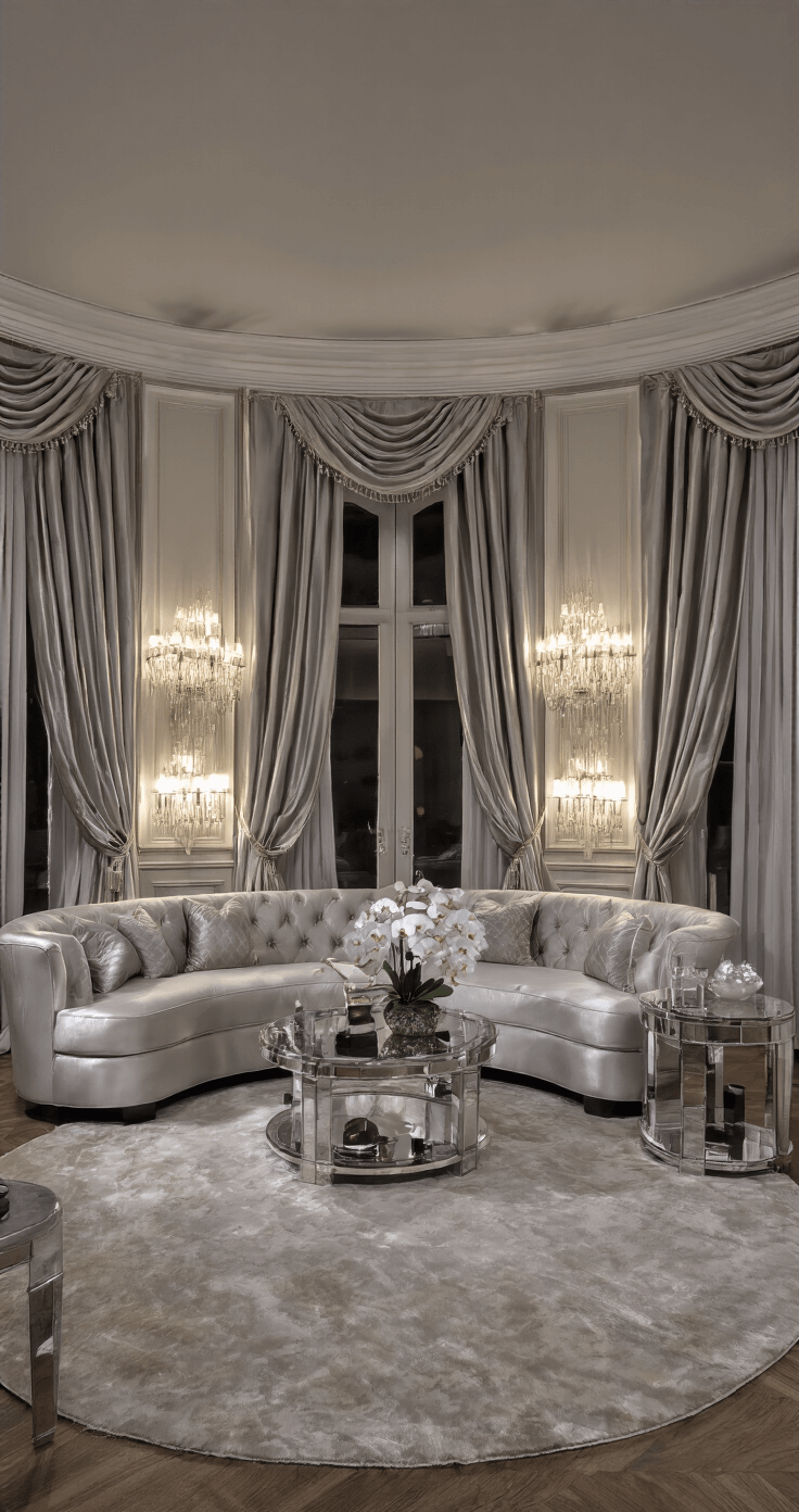 A luxurious living room at night featuring heavy pearl gray silk curtains, a curved channel-tufted sofa, and marble side tables, accented with champagne metallics. Crystal sconces and dramatic lighting enhance the sophisticated atmosphere, with a plush area rug and fresh orchids providing a touch of elegance.