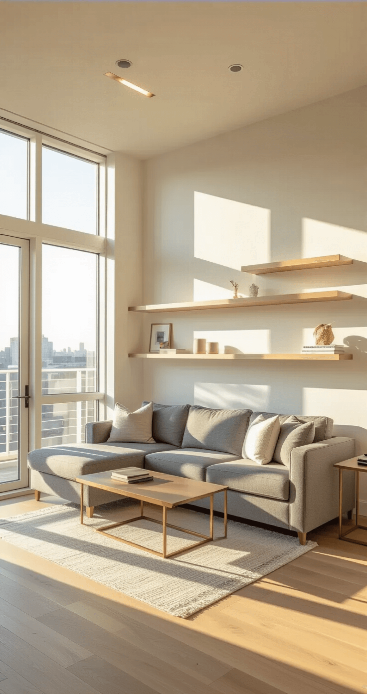 A bright, modern 400sq ft open-plan studio captured at golden hour, featuring floor-to-ceiling windows, a compact gray sectional with hidden storage, and a transforming brass coffee table, complemented by floating white shelves and a warm color palette of cream and light gray.