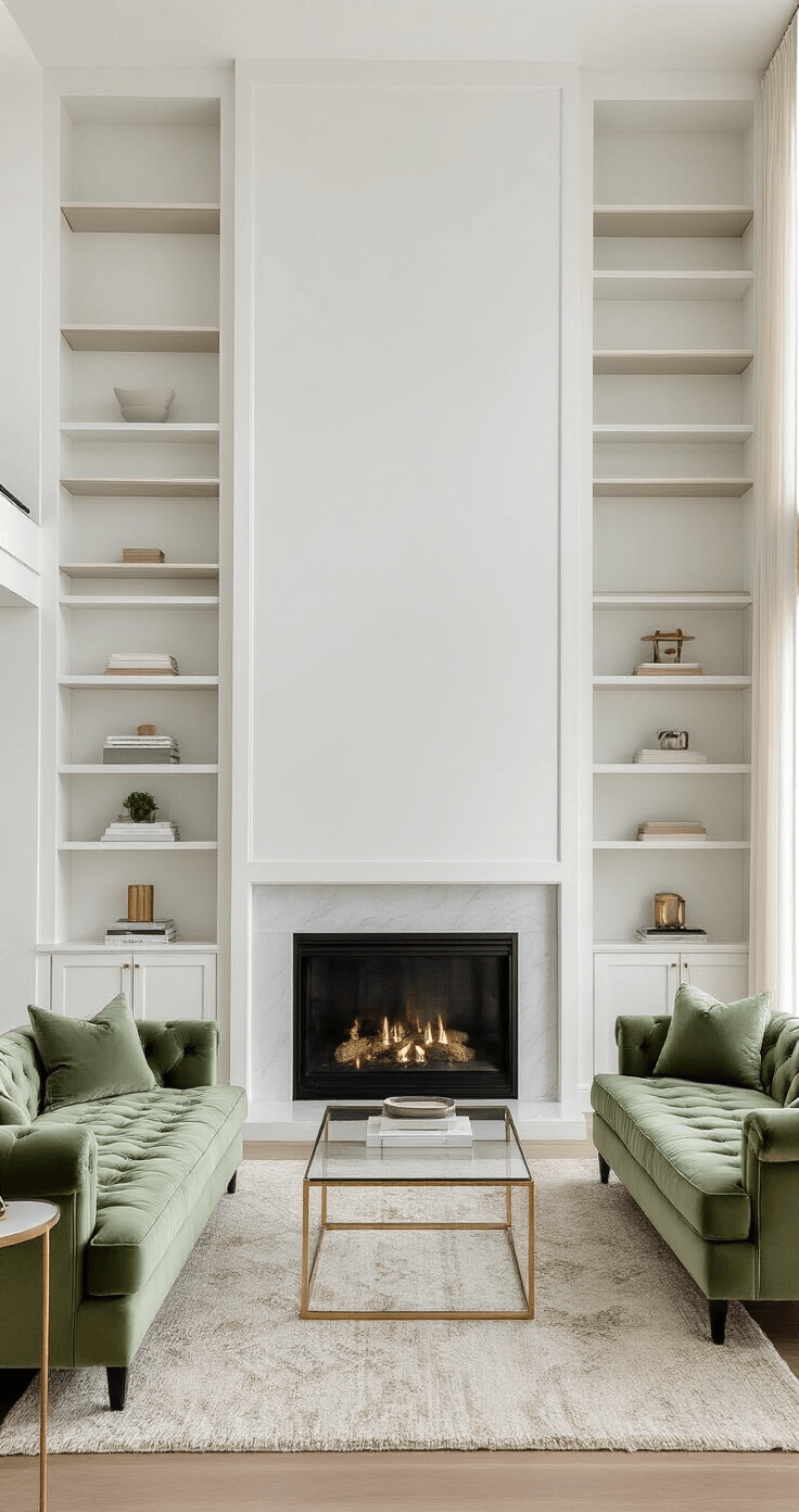 A spacious, vertical living room featuring floor-to-ceiling white bookcases and a contemporary electric fireplace, illuminated by late morning light filtering through sheer linen curtains. The room is adorned with a sage green tufted velvet loveseat, lucite nesting tables, and geometric floating shelves, emphasizing height and texture.