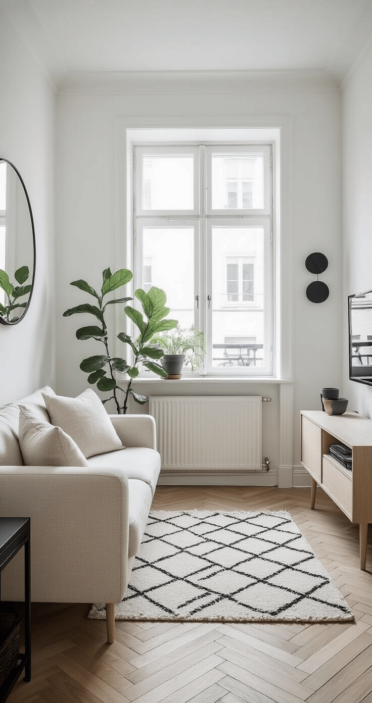 A compact Scandinavian living area featuring white walls, pale ash herringbone floors, an oatmeal linen 2-seater sofa, a wall-mounted media unit, and a large round mirror reflecting natural light. Decor includes a potted fiddle leaf fig and a geometric wool rug. The space is brightly lit with a wide-angle perspective, highlighting minimalist aesthetics and soft-filled lighting.