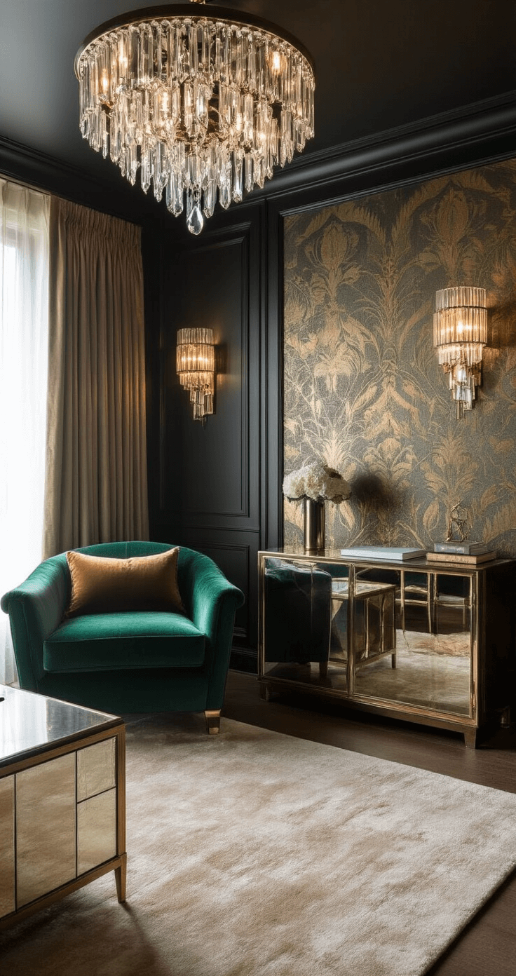 A cozy 250 sq ft living room at dusk, featuring a jewel-toned velvet armchair, art deco wall sconces, and a mirrored console that serves as a workspace. A crystal chandelier adds elegance to the ceiling, while rich textures such as silk pillows and a plush area rug enhance the luxurious feel. The color palette includes emerald, gold, cream, and bronze, with a low camera angle showcasing the room's height and dramatic lighting that casts intentional shadows for a moody atmosphere.
