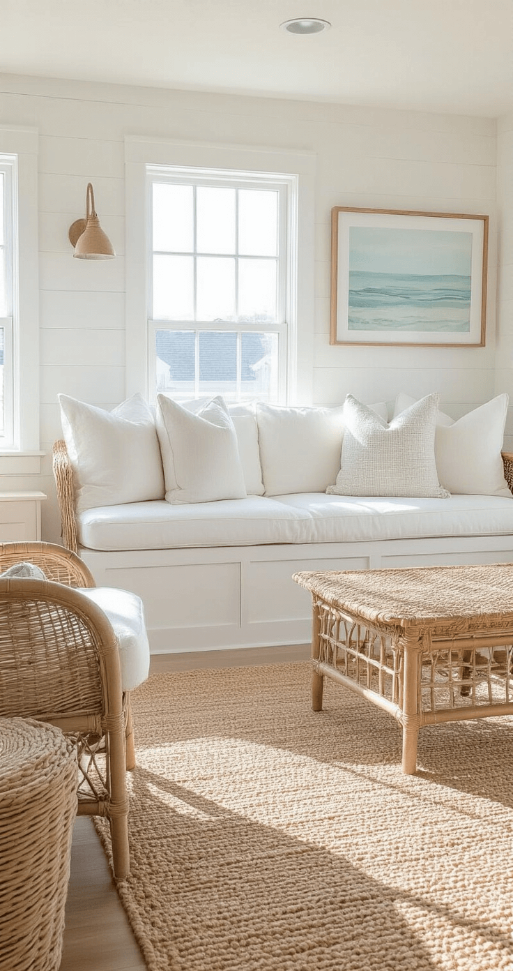 Coastal small living space featuring a slipcovered loveseat, rattan accent chair, built-in window seat, and coastal artwork, all bathed in afternoon light, with a natural fiber rug and storage ottomans enhancing the breezy and elegant atmosphere.