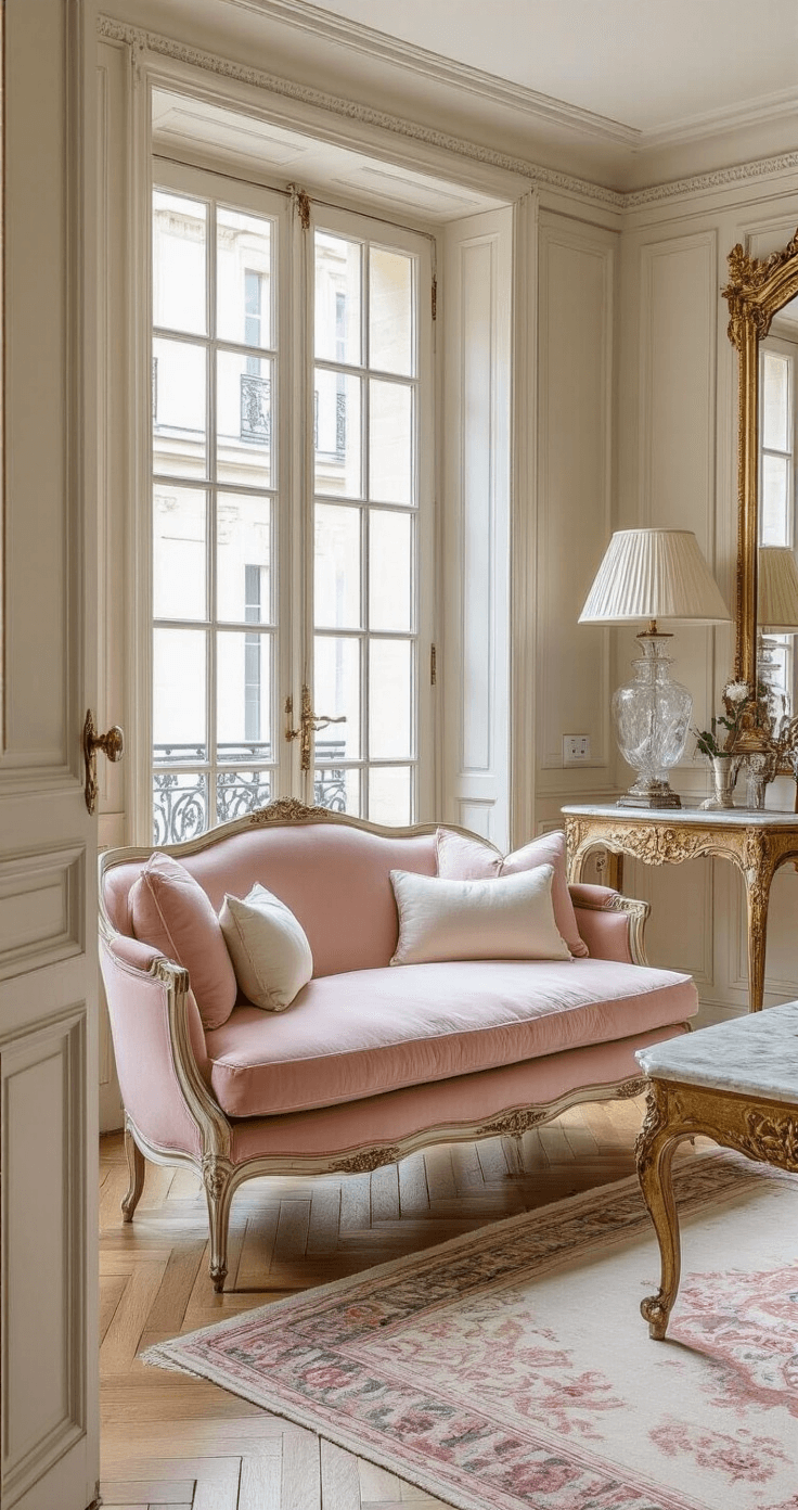 A cozy Parisian sitting room with blush velvet settee, antique mirror, and crystal lamp, featuring herringbone floors and vintage rug, illuminated by soft evening light.