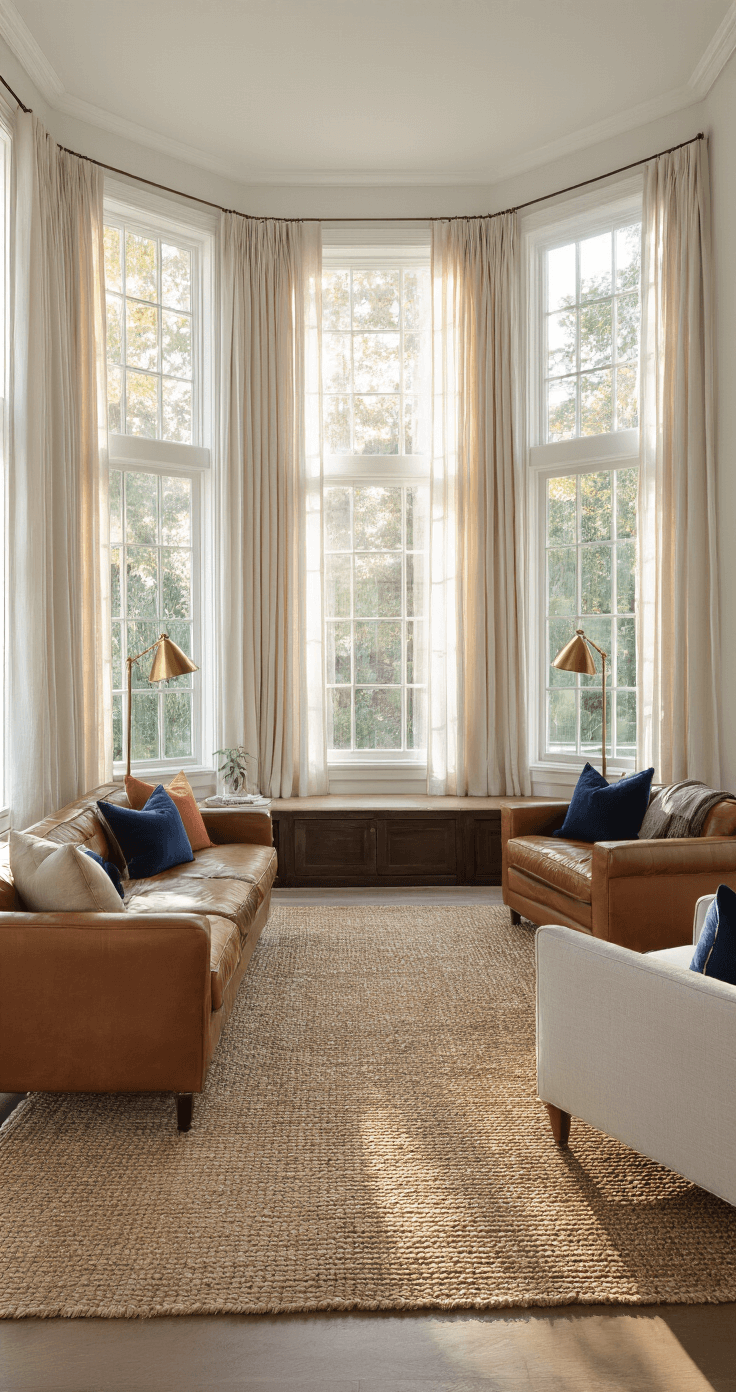 A spacious living room at golden hour with sunlight filtering through sheer curtains, featuring a cognac leather sofa, oatmeal linen armchairs, layered rugs, and warm white walls with dark walnut built-ins. The low corner angle shot highlights warm lighting and colorful throw pillows.