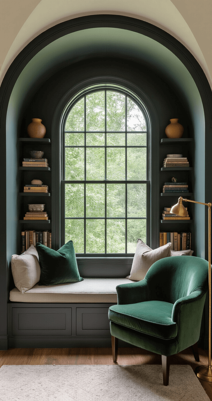A cozy reading nook featuring a curved window seat in an arched alcove, walls in 'Revere Pewter,' matte black built-in bookshelves, a forest green velvet reading chair, and a brass floor lamp, illuminated by natural light and warm LED spots, showcasing stacked books and ceramic vessels.