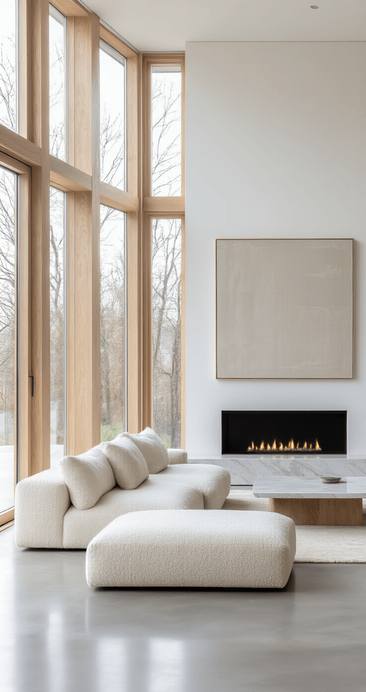 A modern minimalist living space featuring floor-to-ceiling windows with white oak frames, polished concrete floors, and a cream bouclé sectional facing a floating marble fireplace. The scene captures clean lines and negative space, with diffused natural light and hidden LED strips, complemented by an oversized abstract canvas in greige tones on the main wall.